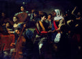 Quadro decorativo 'A Guarda de Cristo' de Valentin de Boulogne, retratando uma cena de grupo com figuras em um ambiente escuro, iluminadas por contrastes dramáticos, com um soldado e músicos. Predominam tons escuros de marrom, verde e vermelho.