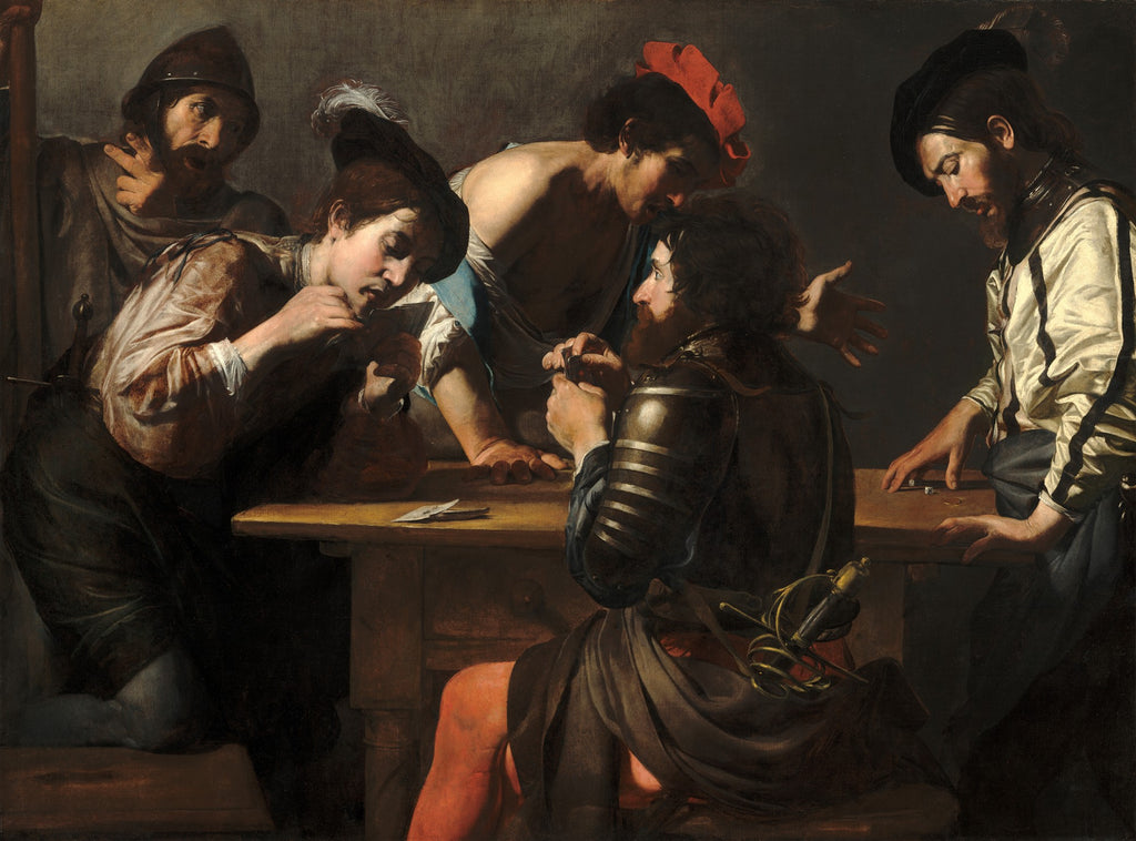Grupo de homens jogando cartas em uma mesa, com um deles trapaceando e outro apontando, em estilo tenebrista de Valentin de Boulogne.