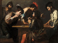 Grupo de homens jogando cartas em uma mesa, com um deles trapaceando e outro apontando, em estilo tenebrista de Valentin de Boulogne.