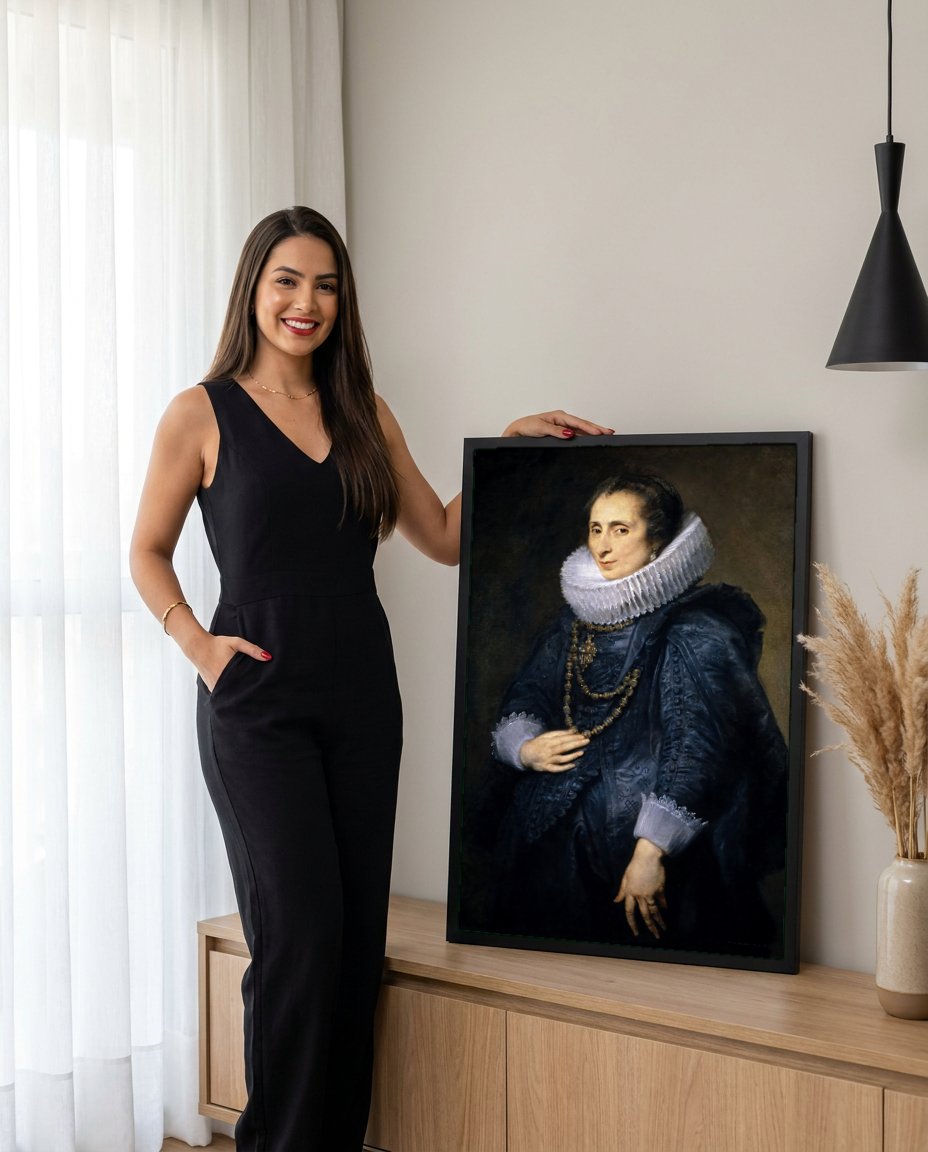 Quadro Decorativo Retrato de Mulher - Van Dyck com modelo em ambiente