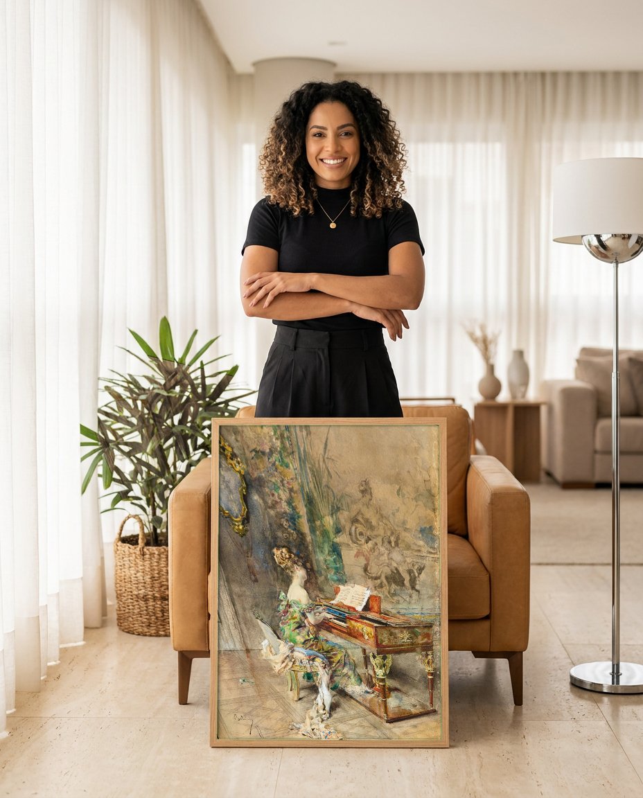 Quadro Decorativo Mulher ao Piano - Giovanni Boldini com modelo em ambiente