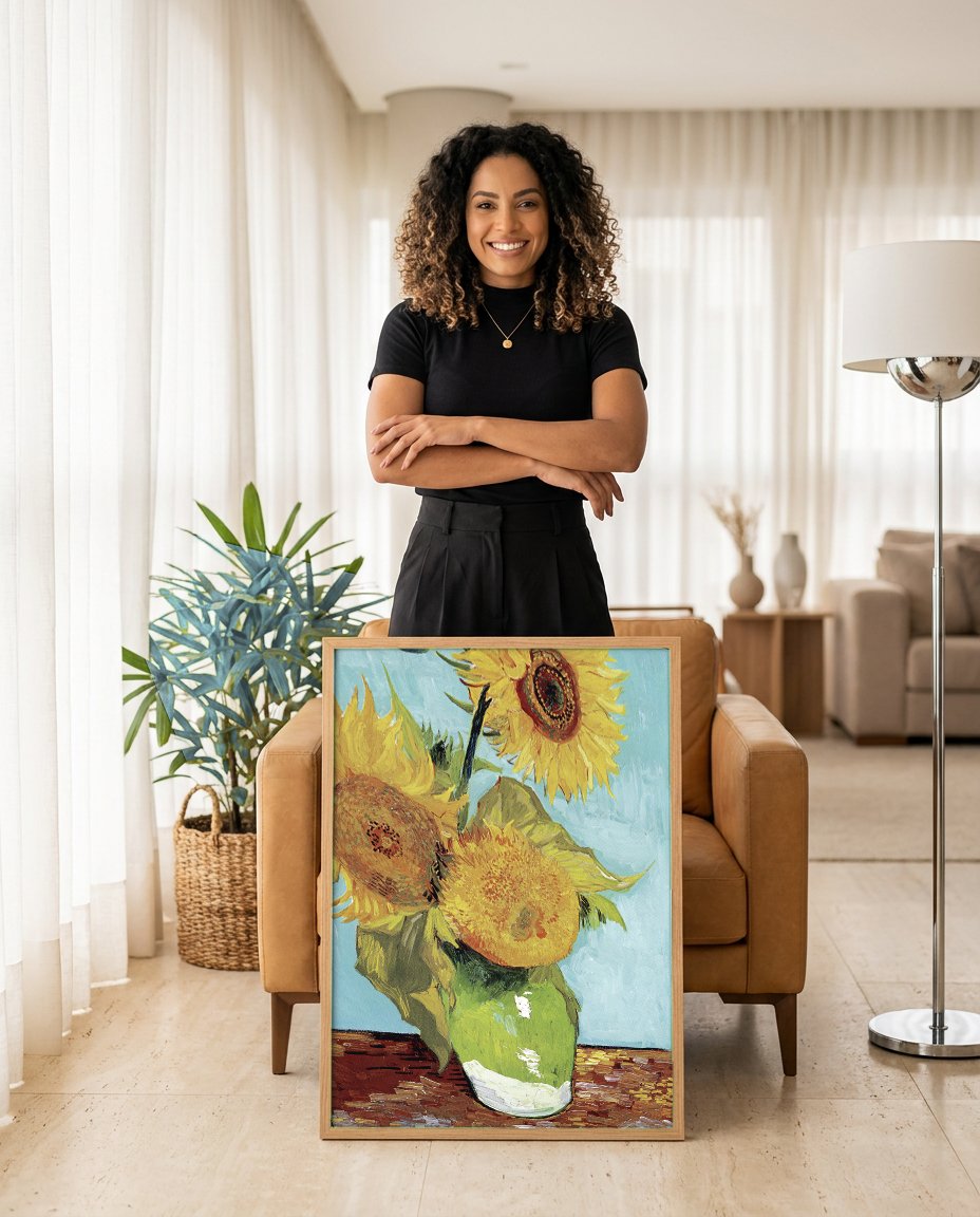 Quadro Decorativo Girassóis em Vaso - Van Gogh com modelo em ambiente
