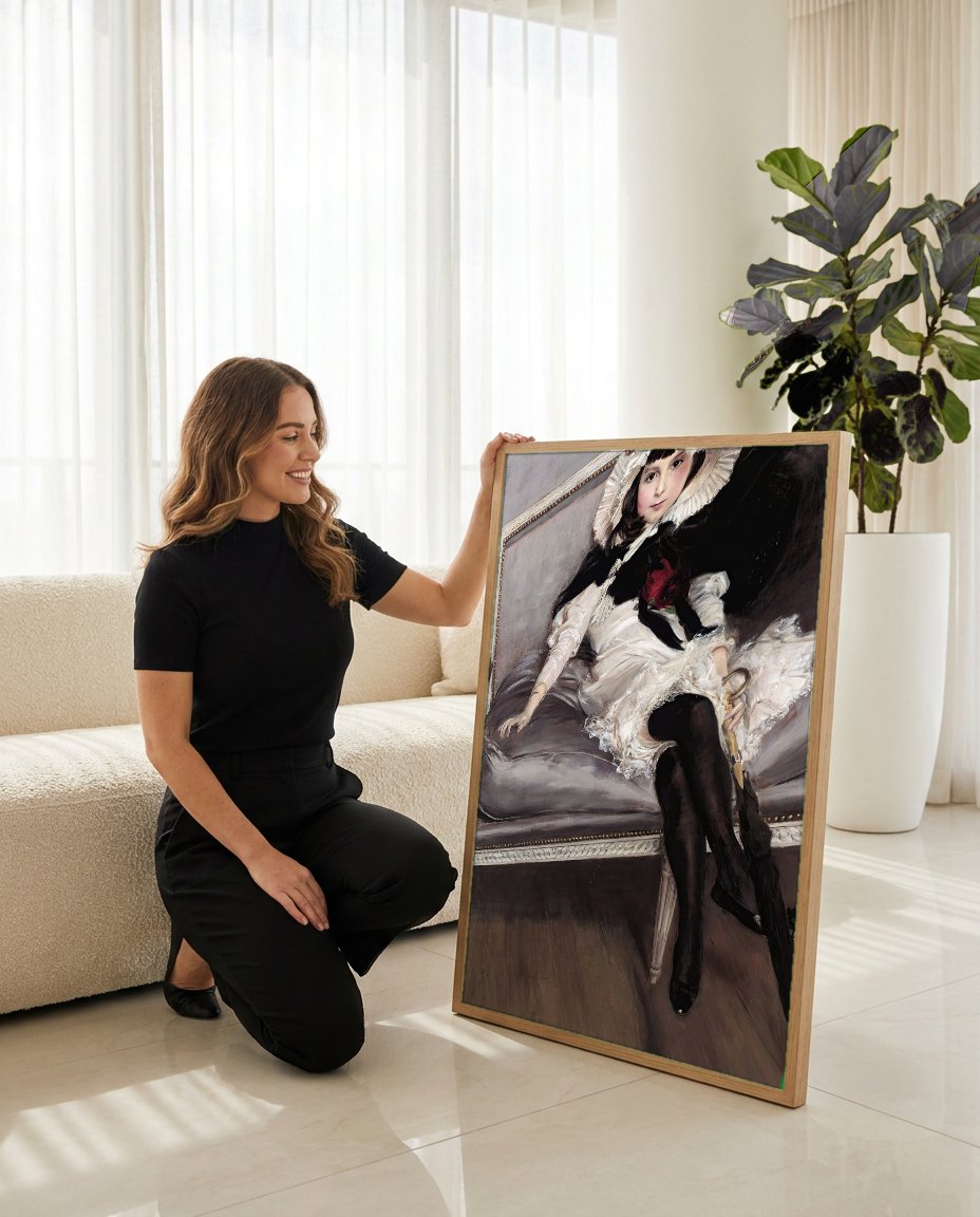 Quadro Decorativo A Dama de Preto - Giovanni Boldini com modelo em ambiente