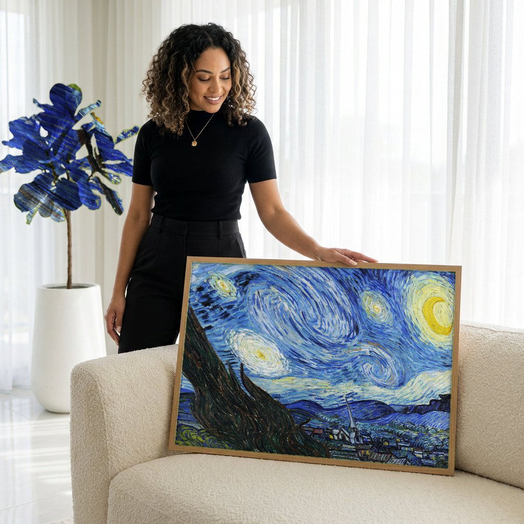 Quadro Decorativo A Noite Estrelada - Van Gogh com modelo em ambiente
