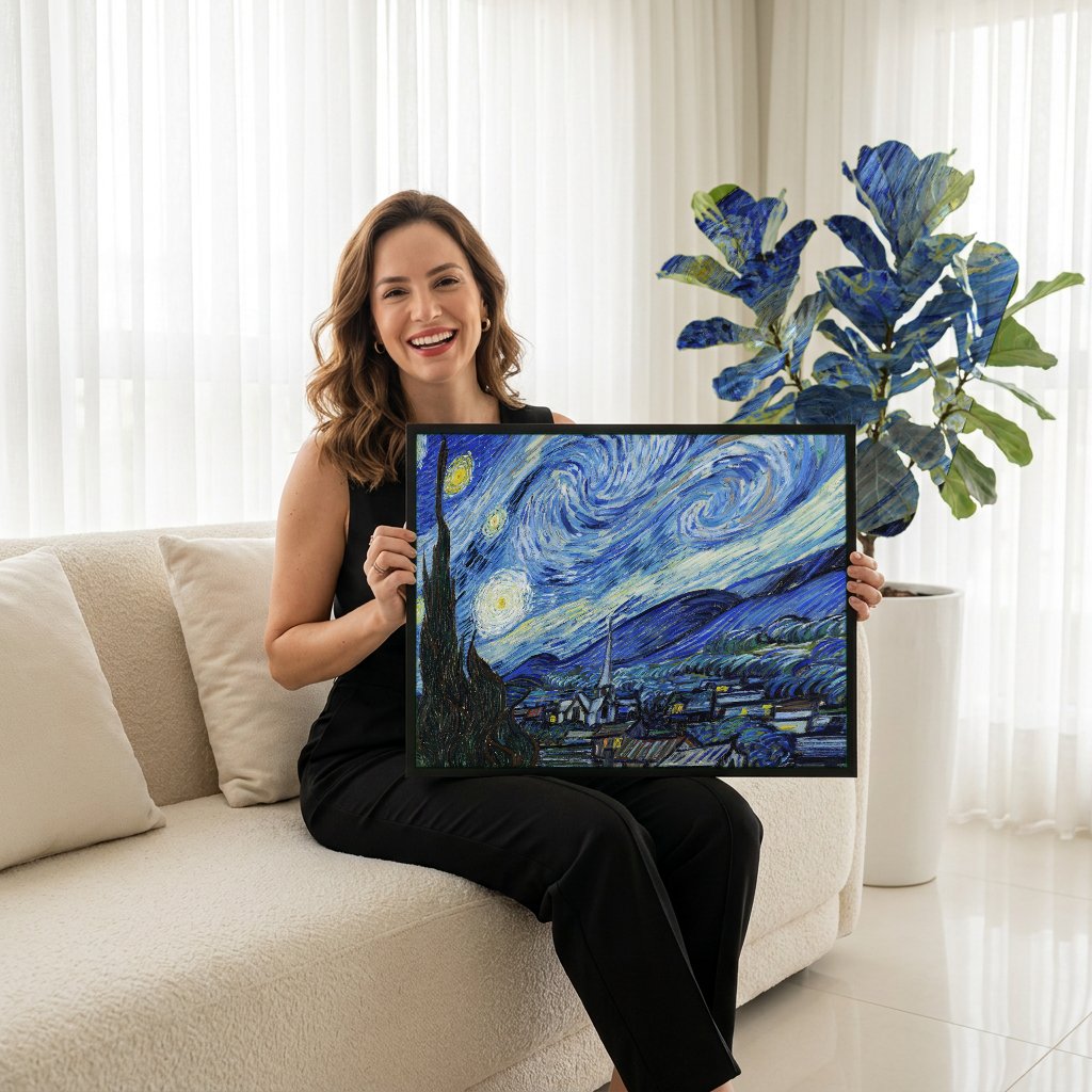Quadro Decorativo A Noite Estrelada - Van Gogh com modelo em ambiente