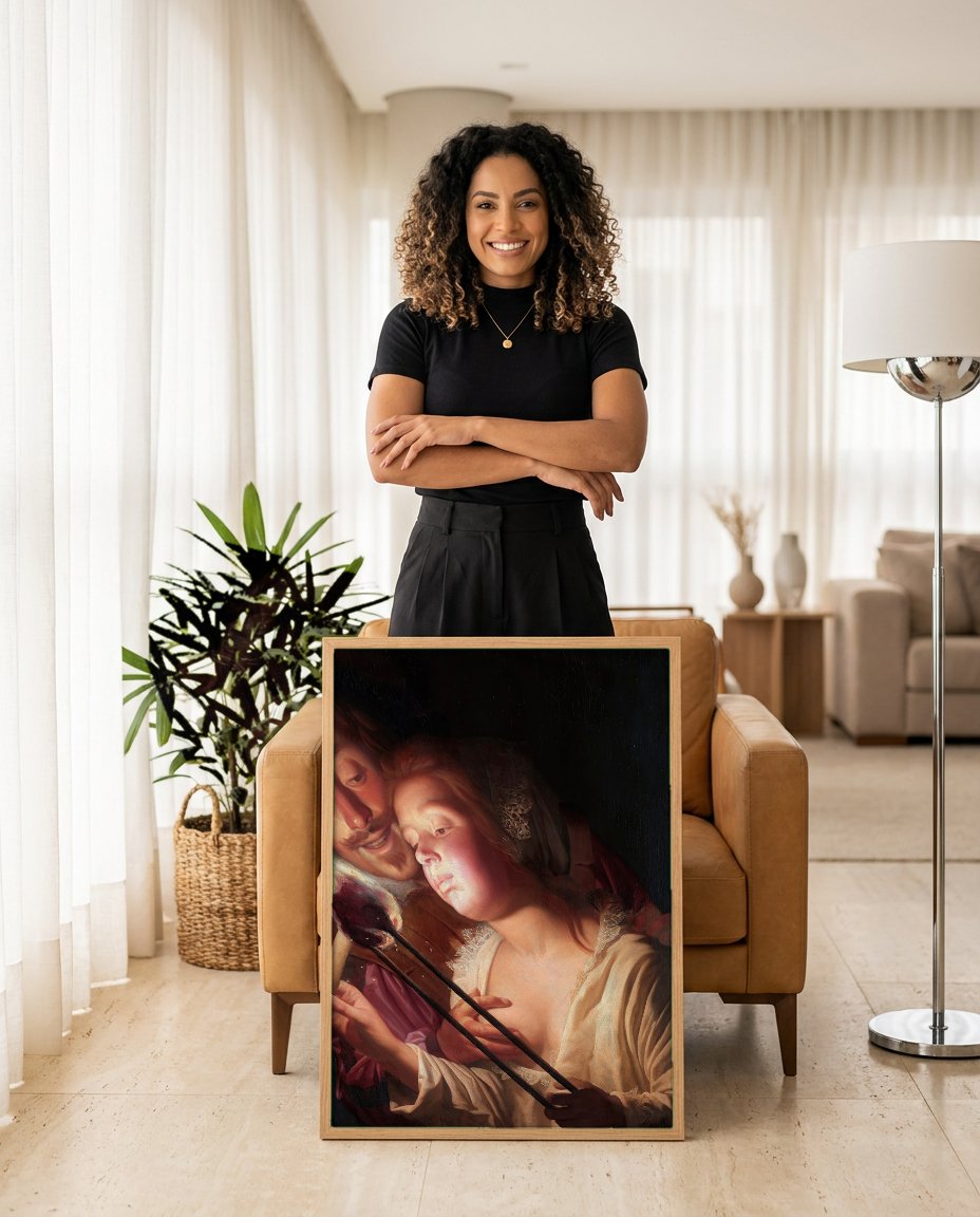 Quadro Decorativo 'O Ferreiro' – Gerard van Honthorst com modelo em ambiente