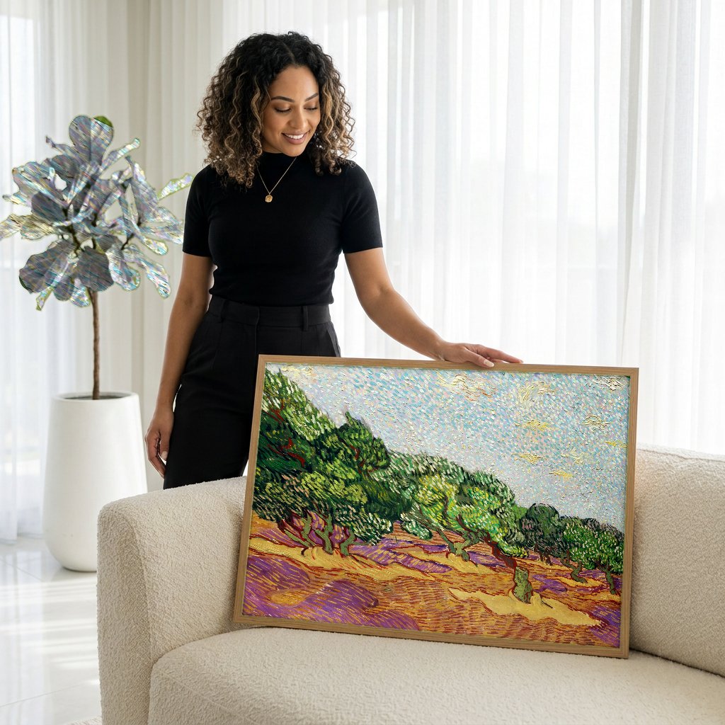 Quadro Decorativo Campo de Oliveiras - Van Gogh com modelo em ambiente