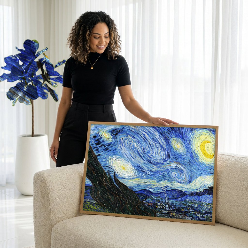 Quadro Decorativo A Noite Estrelada - Van Gogh com modelo em ambiente