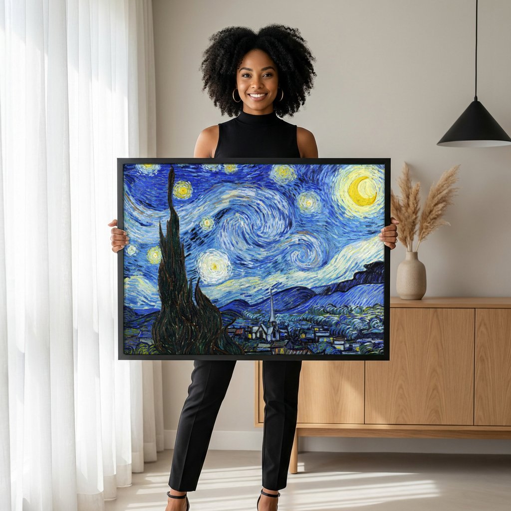 Quadro Decorativo A Noite Estrelada - Van Gogh com modelo em ambiente