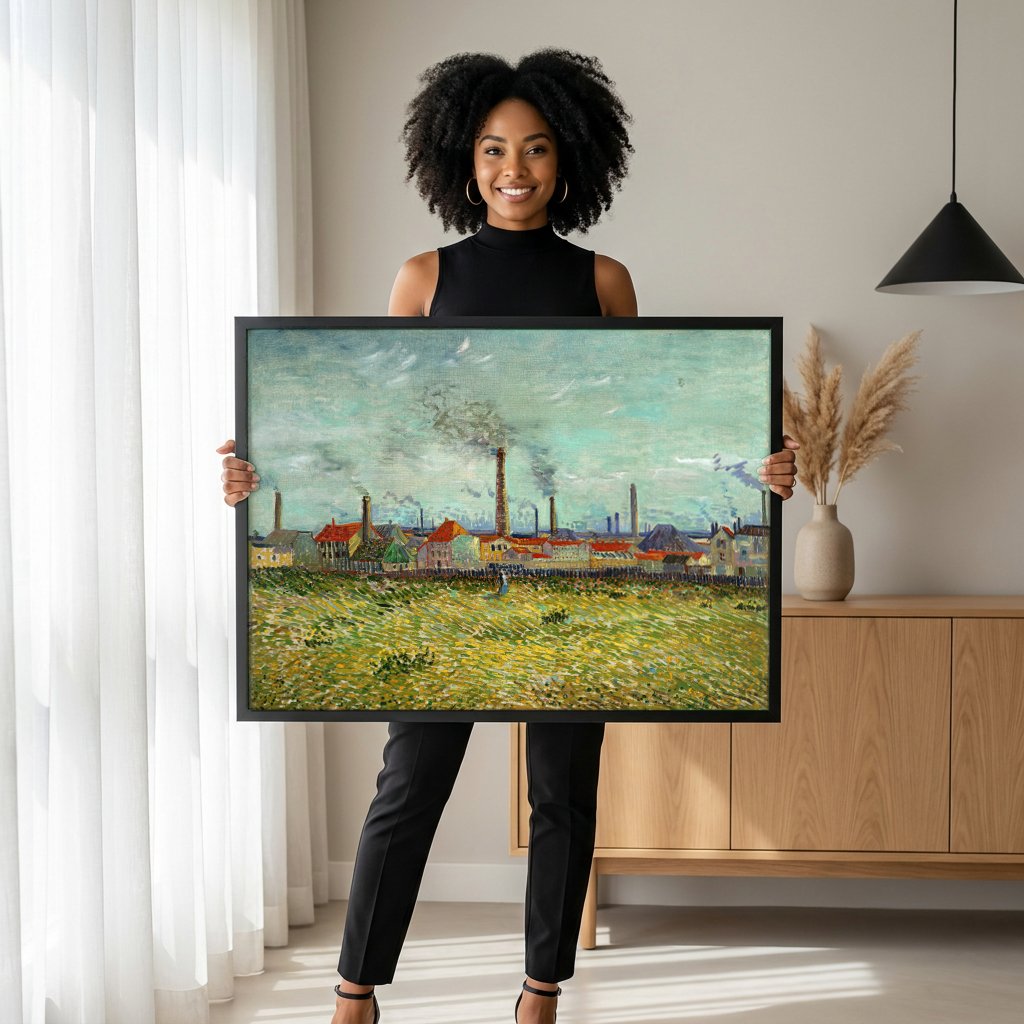Quadro Decorativo Campo com Fábricas - Van Gogh com modelo em ambiente