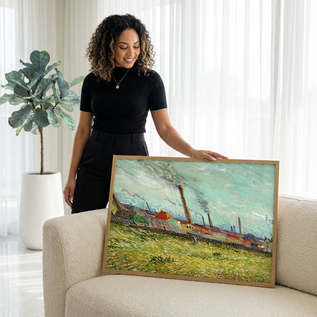 Quadro Decorativo Campo com Fábricas - Van Gogh com modelo em ambiente