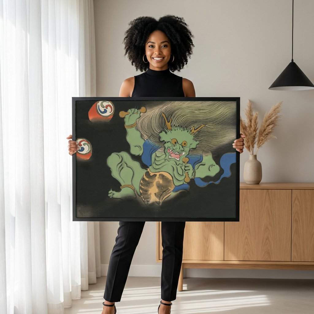 Quadro Decorativo Raijin (Deus do Trovão) - Kamisaka Sekka com modelo em ambiente