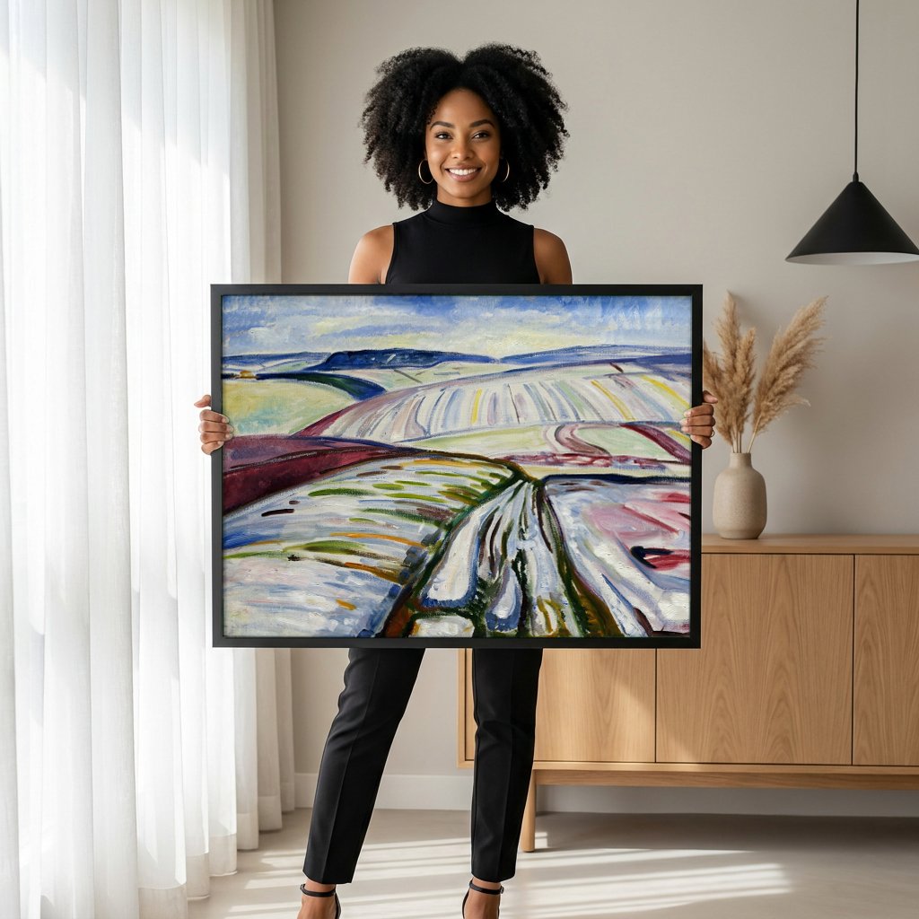 Quadro Decorativo Campo de Inverno - Edvard Munch com modelo em ambiente