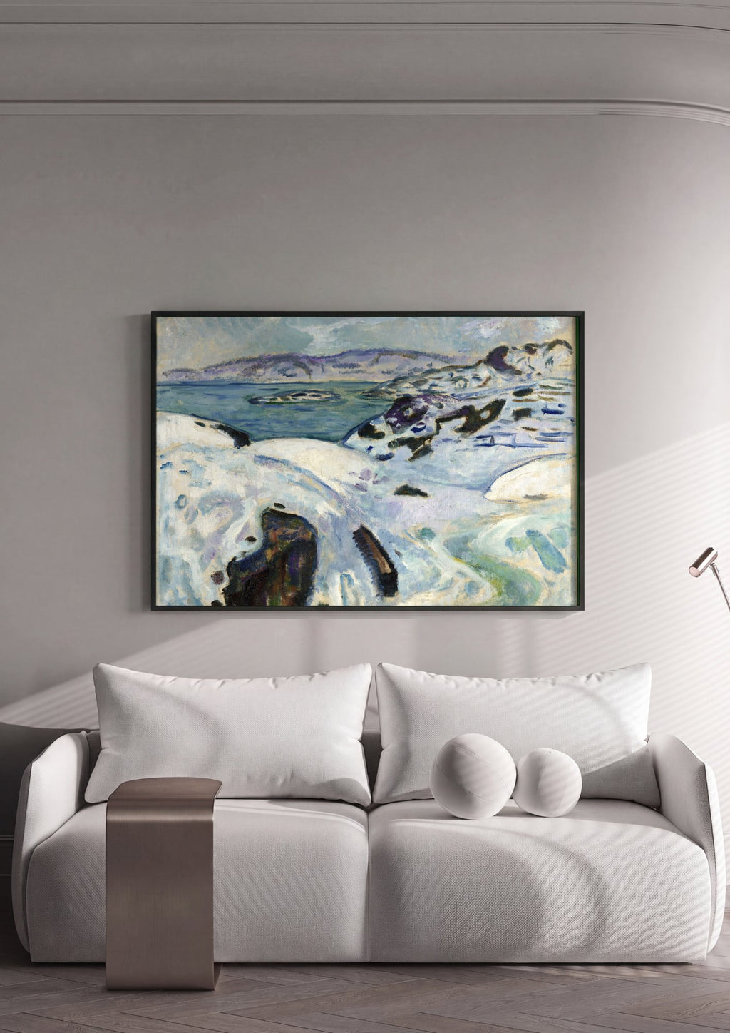 Quadro Decorativo Inverno na Praia – Edvard Munch em ambiente decorado