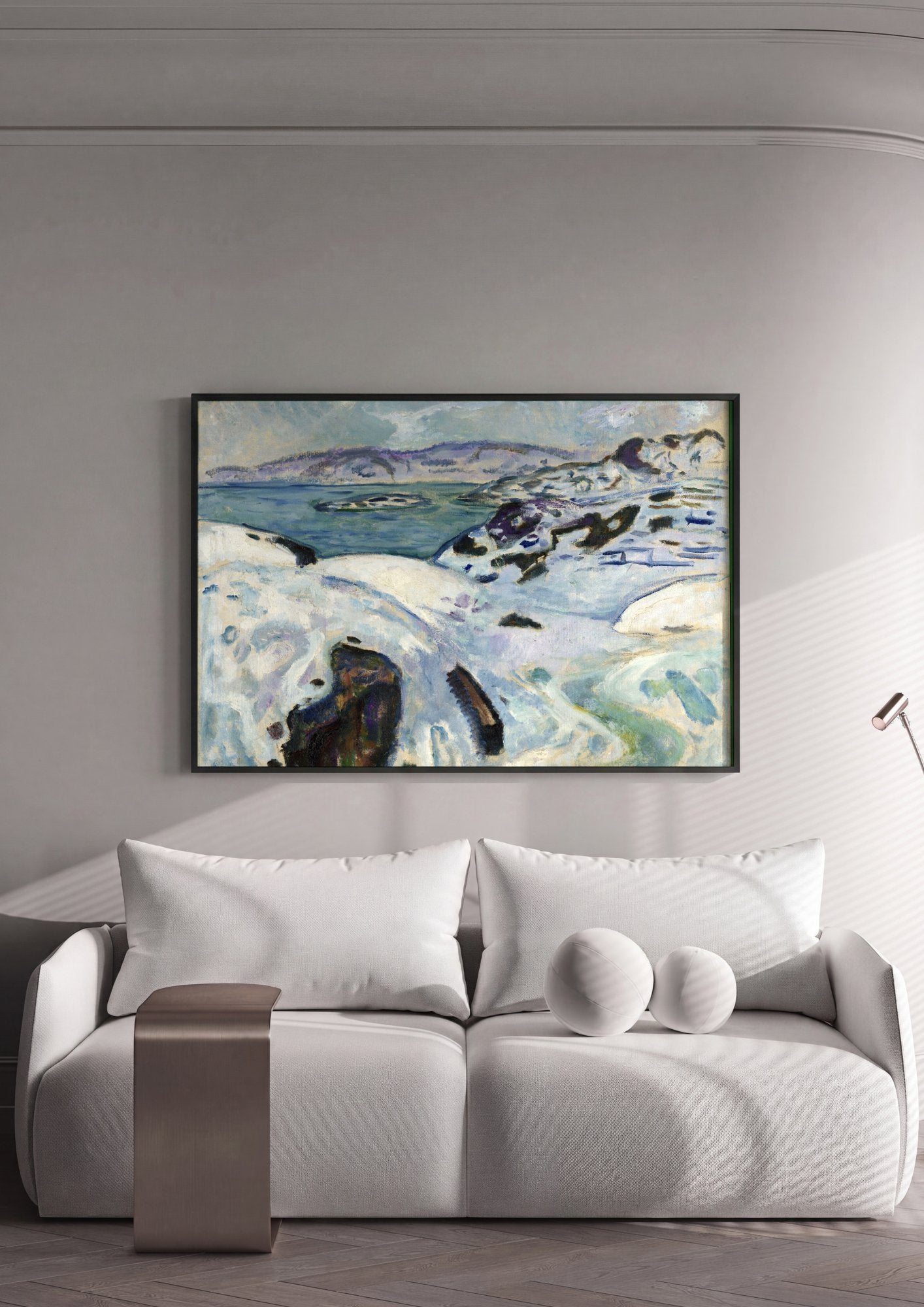 Quadro Decorativo Inverno na Praia – Edvard Munch em ambiente decorado