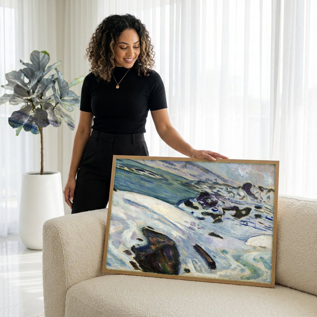 Quadro Decorativo Inverno na Praia – Edvard Munch com modelo em ambiente