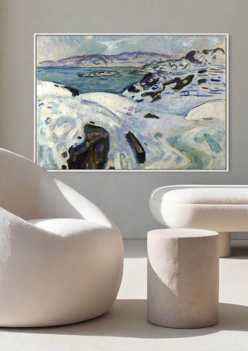 Quadro Decorativo Inverno na Praia – Edvard Munch em ambiente decorado