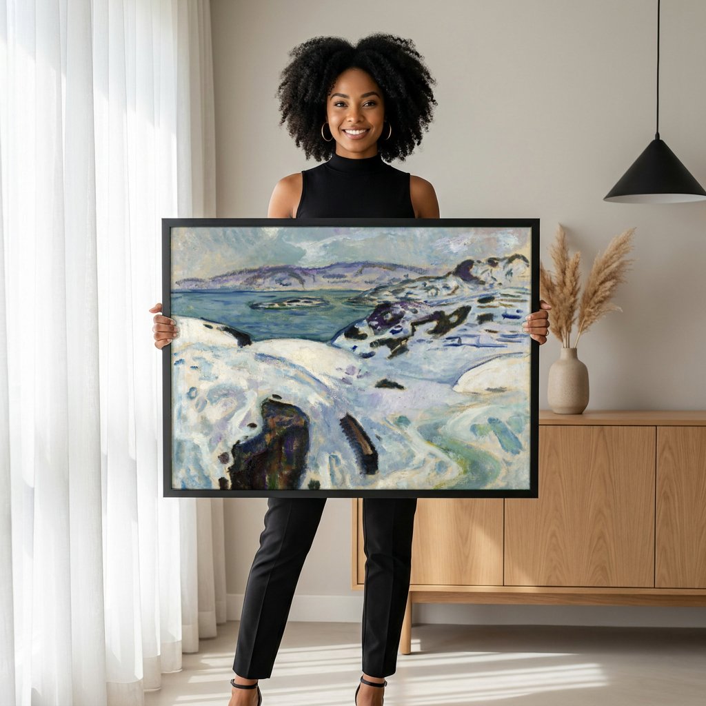 Quadro Decorativo Inverno na Praia – Edvard Munch com modelo em ambiente