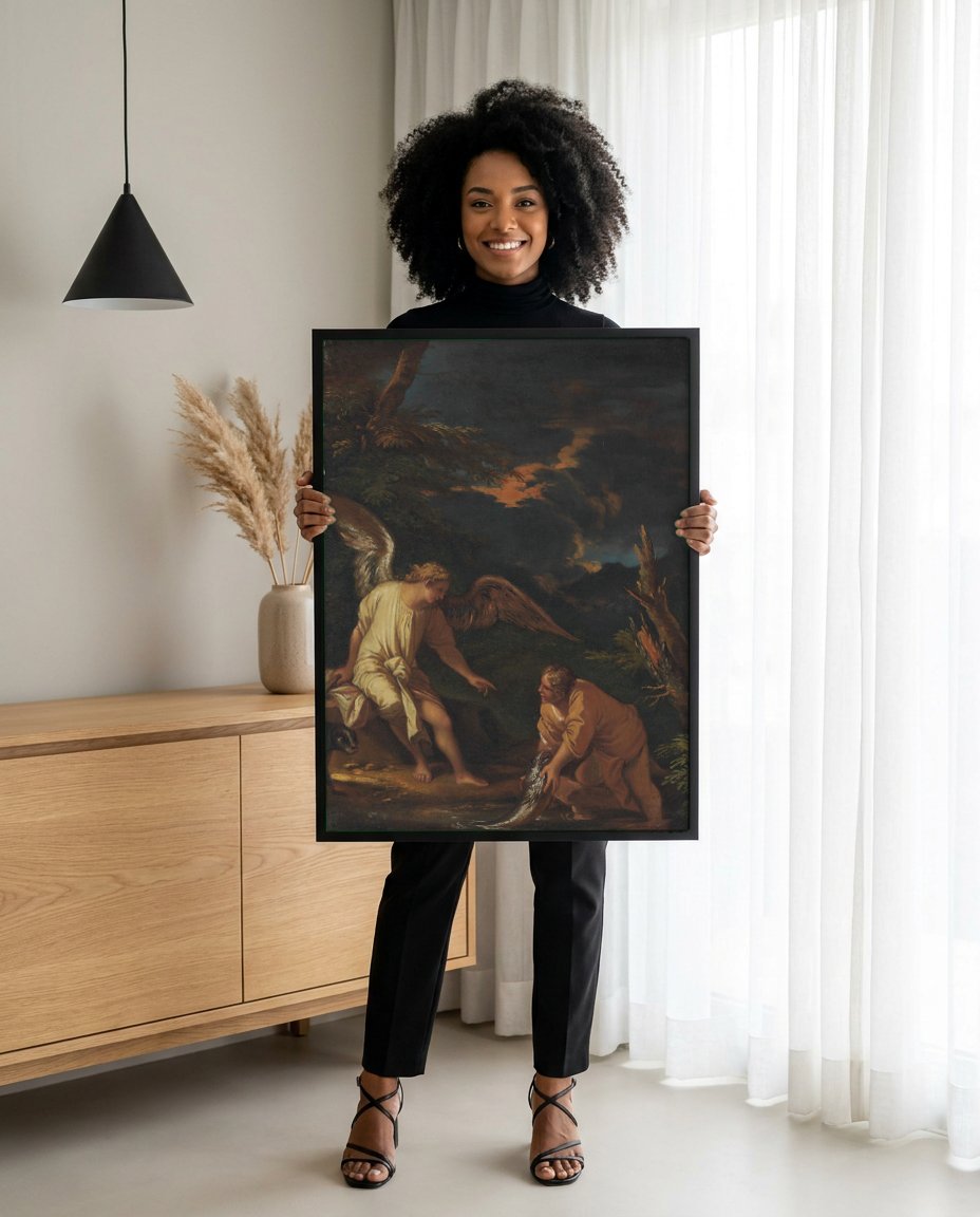 Quadro Decorativo Tobias e o Anjo - Salvator Rosa com modelo em ambiente