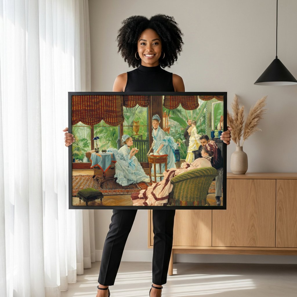 Quadro Decorativo A Estufa (The Conservatory) - James Tissot com modelo em ambiente