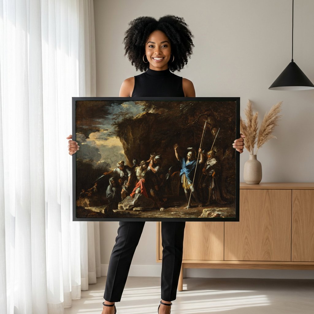 Quadro Decorativo A Morte de Saul - Salvator Rosa com modelo em ambiente