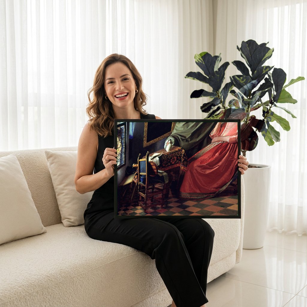 Quadro Decorativo O Encontro - Johannes Vermeer com modelo em ambiente
