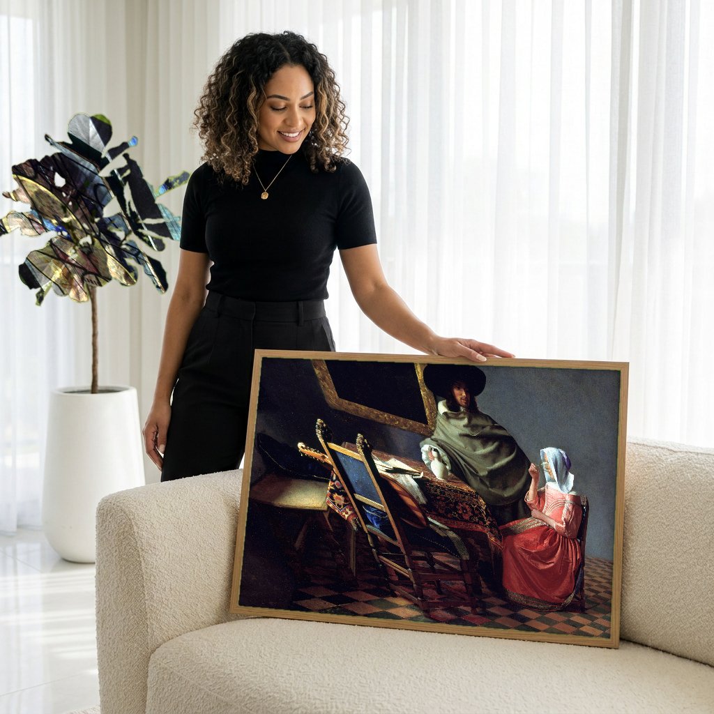 Quadro Decorativo O Encontro - Johannes Vermeer com modelo em ambiente