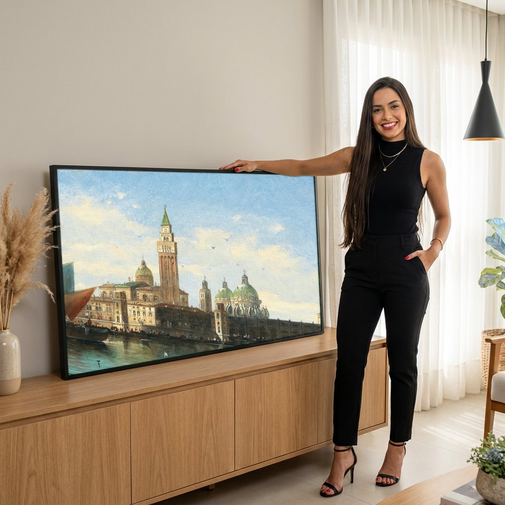Quadro Decorativo Vista Panorâmica de Veneza - Karl Kaufmann com modelo em ambiente
