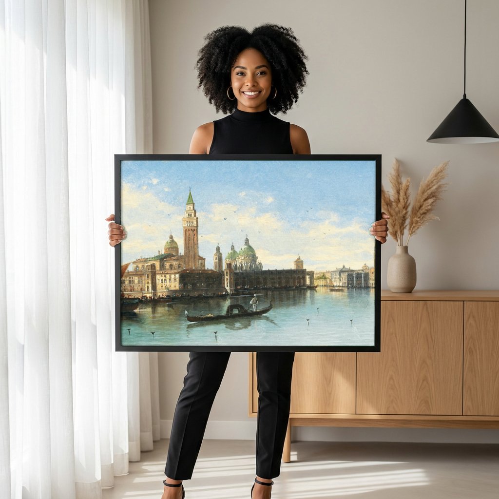 Quadro Decorativo Vista Panorâmica de Veneza - Karl Kaufmann com modelo em ambiente
