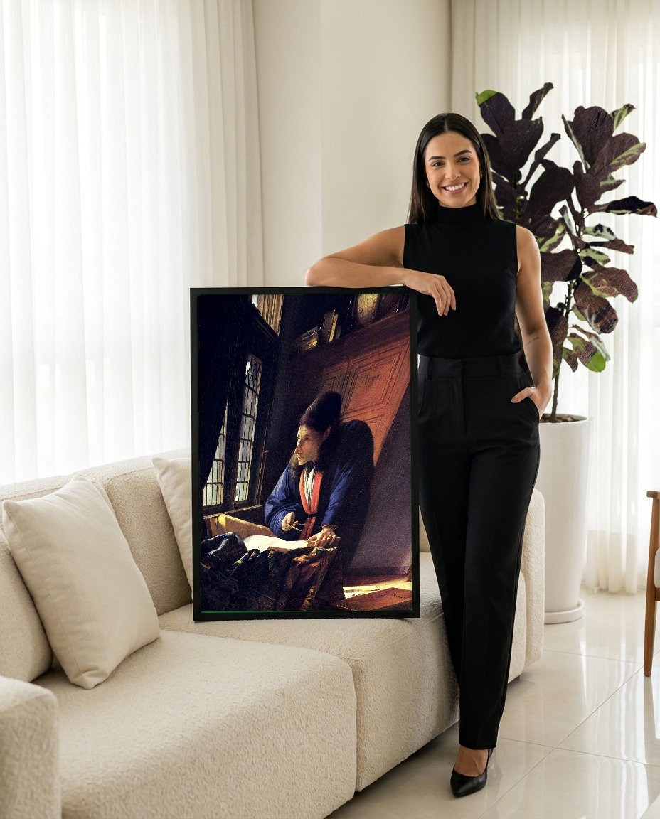 Quadro Decorativo O Geógrafo - Johannes Vermeer com modelo em ambiente