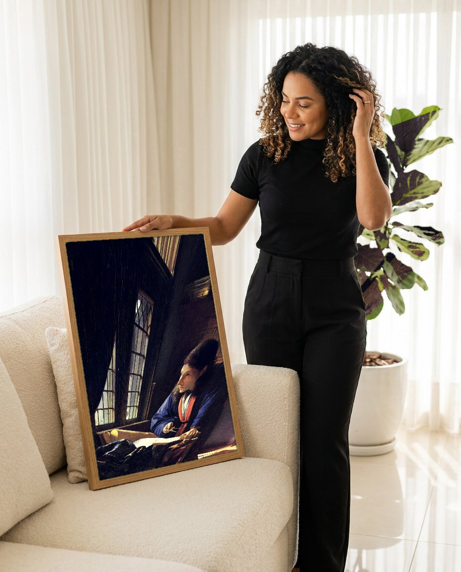 Quadro Decorativo O Geógrafo - Johannes Vermeer com modelo em ambiente