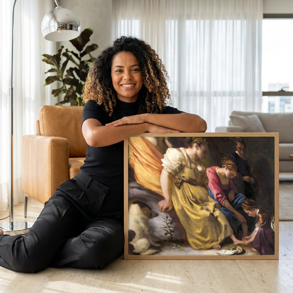 Quadro Decorativo Diana e Suas Ninfas - Vermeer com modelo em ambiente