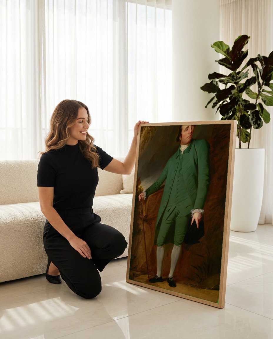 Quadro Decorativo Retrato de Homem em Verde - George Romney com modelo em ambiente