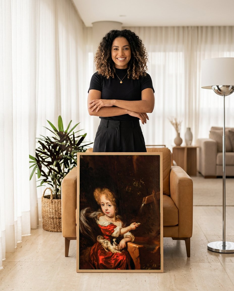 Quadro Decorativo A Menina do Vestido Vermelho - Nicolaes Maes com modelo em ambiente