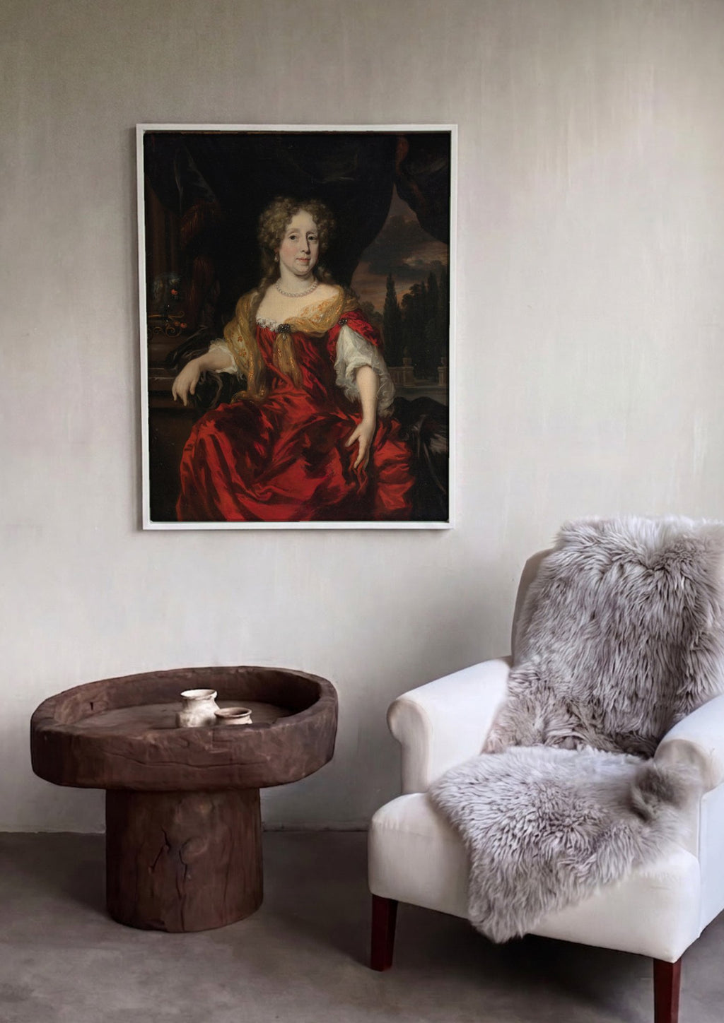 Quadro Decorativo Retrato de Dama com Vestido Vermelho - Nicolaes Maes em ambiente decorado