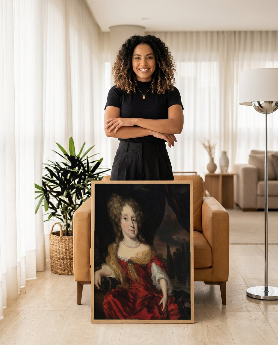 Quadro Decorativo Retrato de Dama com Vestido Vermelho - Nicolaes Maes com modelo em ambiente