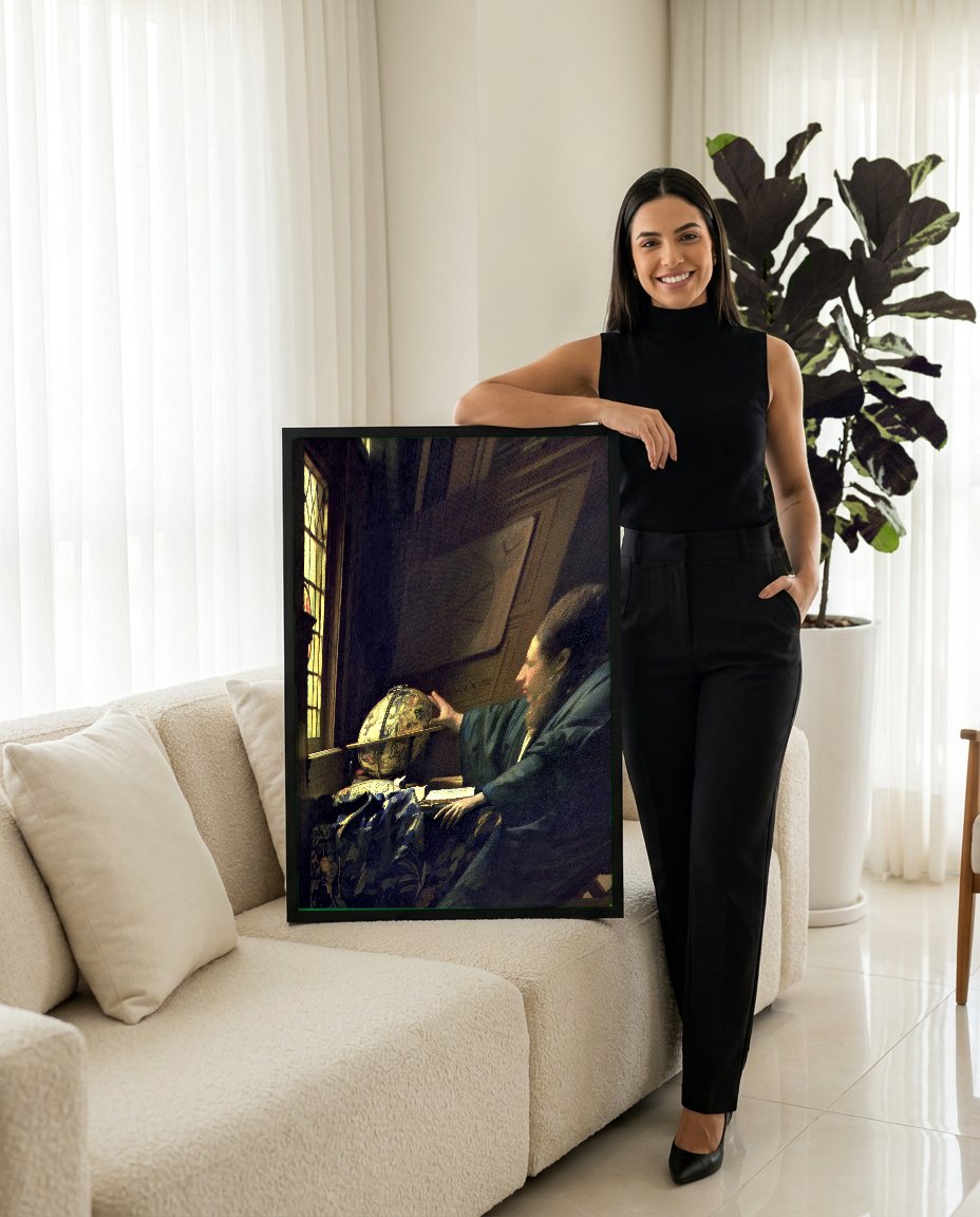 Quadro Decorativo O Geógrafo - Johannes Vermeer com modelo em ambiente