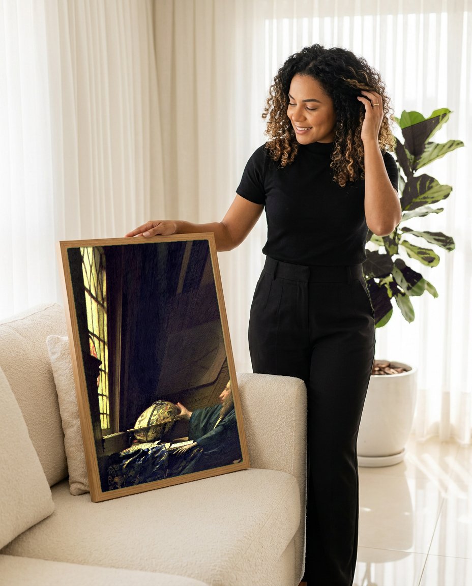 Quadro Decorativo O Geógrafo - Johannes Vermeer com modelo em ambiente