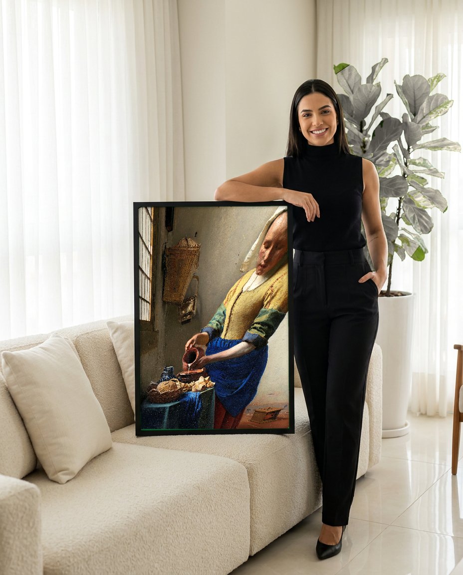 Quadro Decorativo A Leiteira - Johannes Vermeer com modelo em ambiente