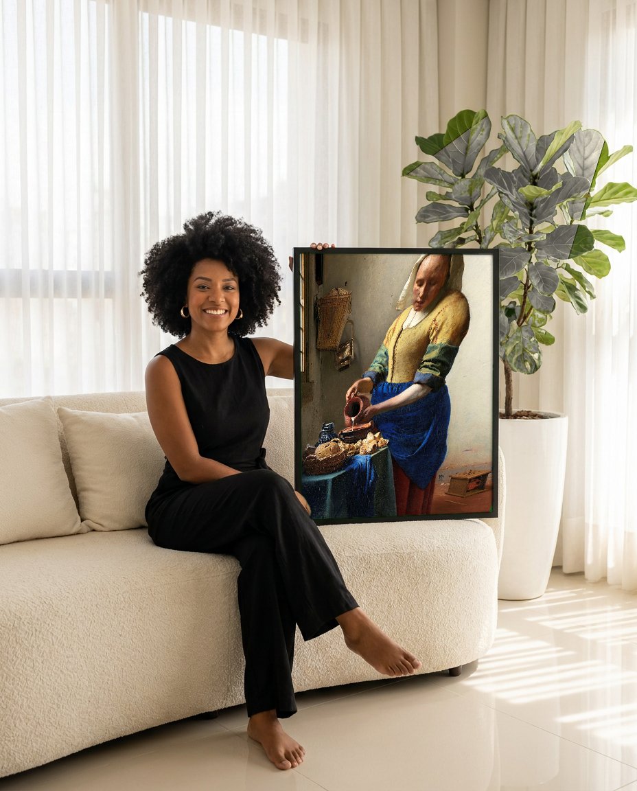 Quadro Decorativo A Leiteira - Johannes Vermeer com modelo em ambiente