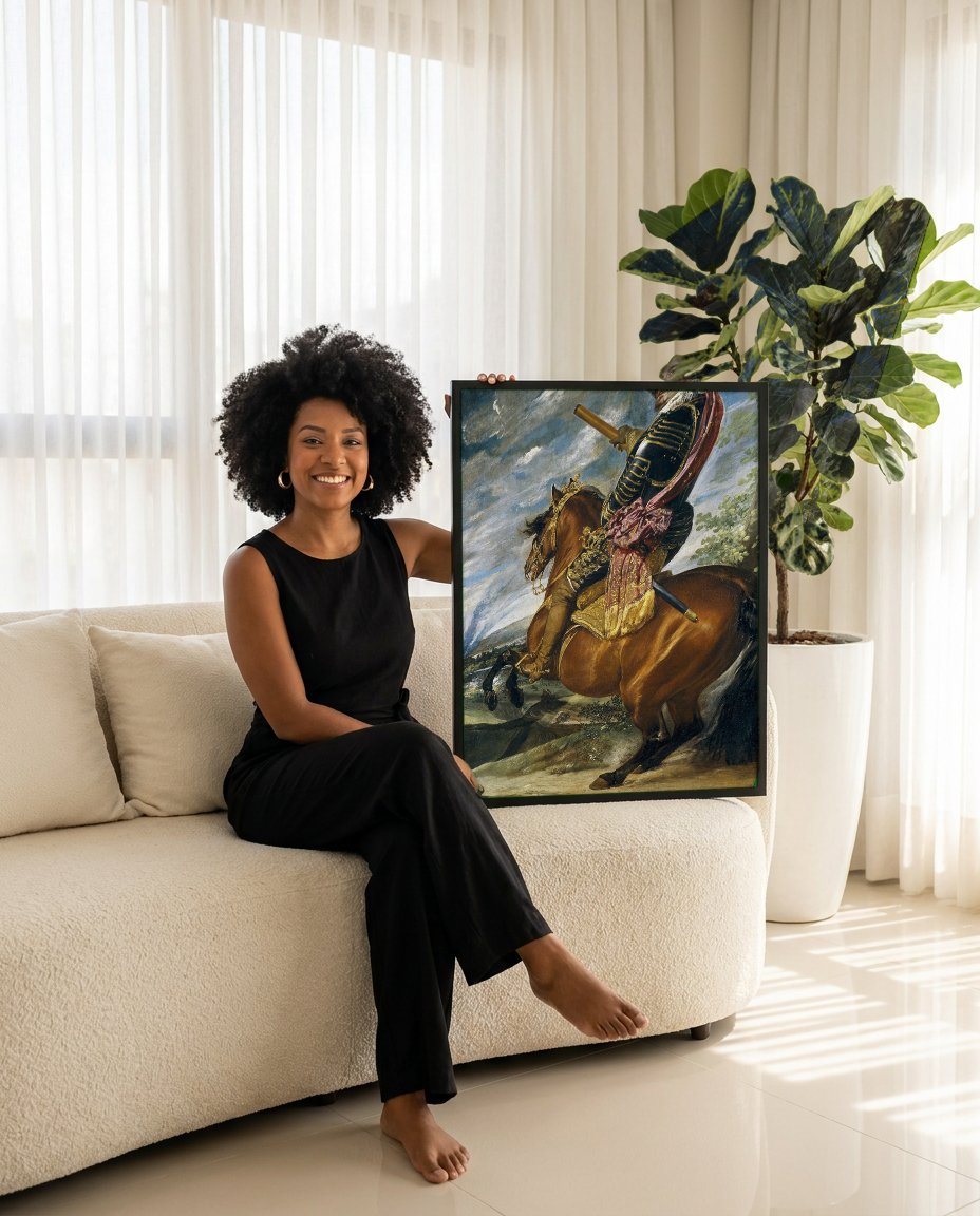 Quadro Decorativo Filipe IV a Cavalo - Velázquez com modelo em ambiente