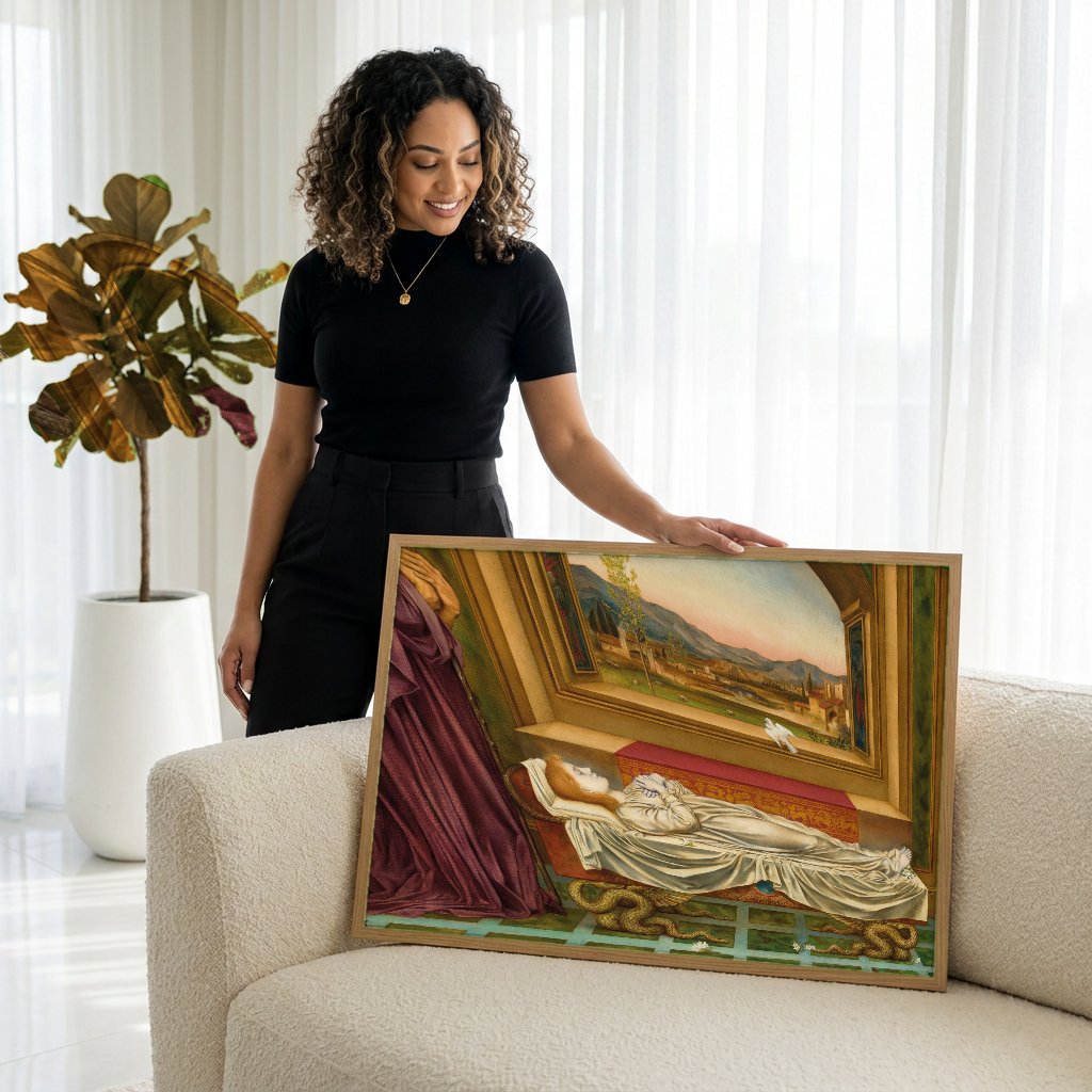 Quadro Decorativo A Morte do Dragão - Evelyn De Morgan com modelo em ambiente
