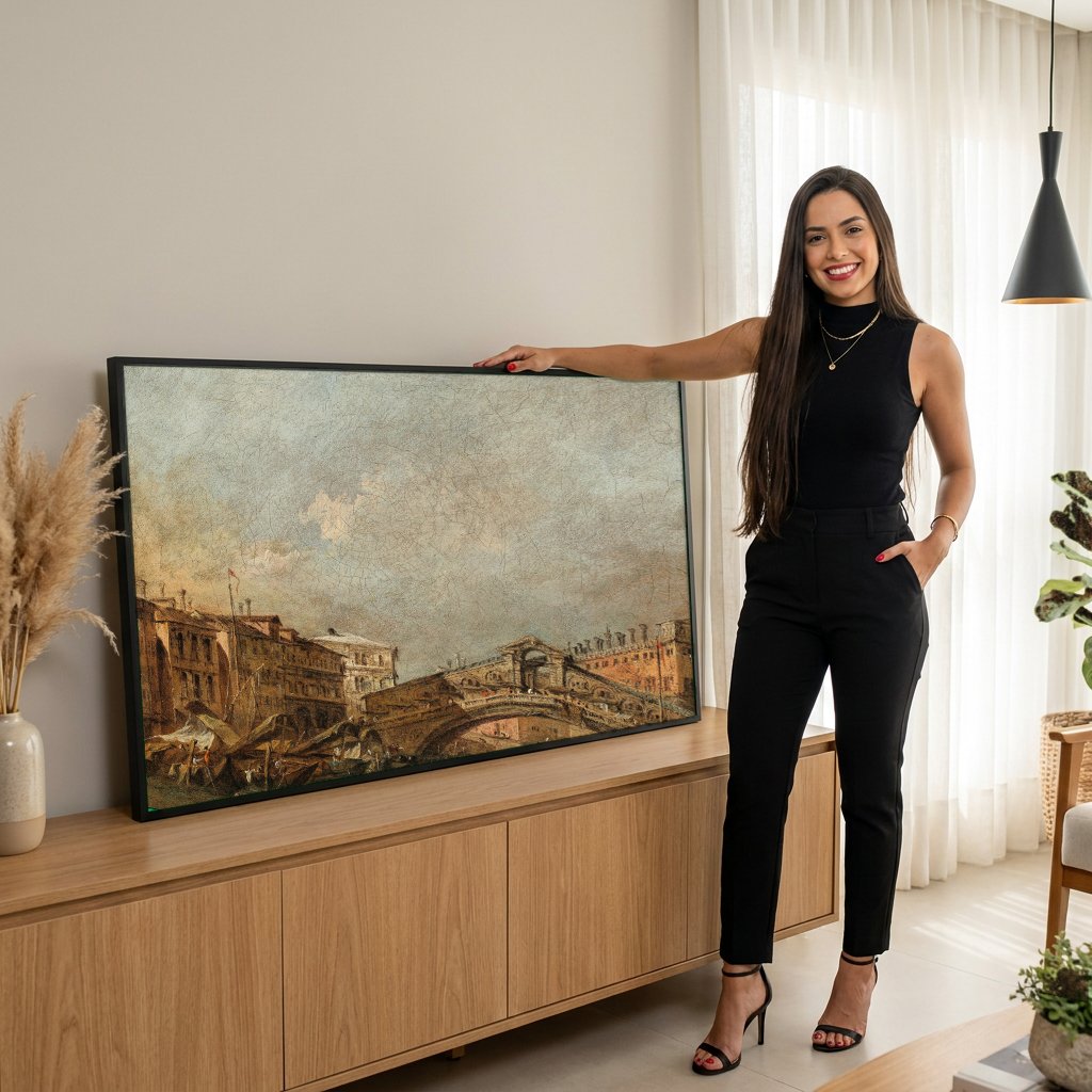 Quadro Decorativo Ponte de Rialto em Veneza - Guardi com modelo em ambiente