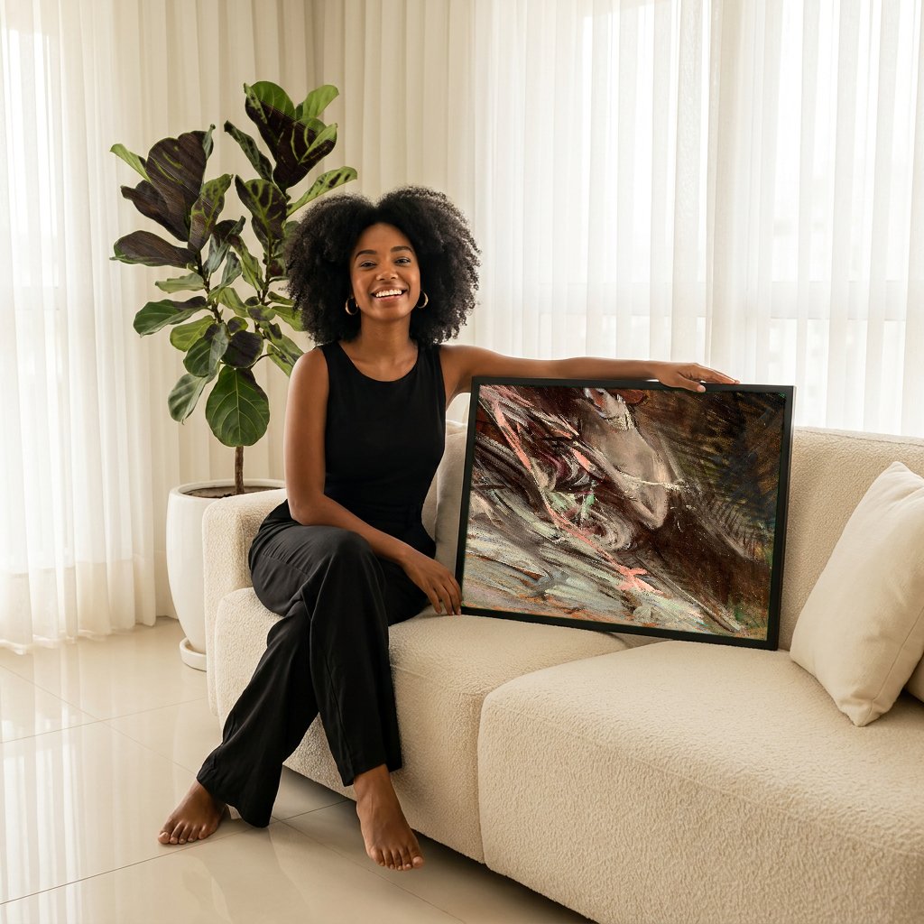 Quadro Decorativo Senhora com Chapéu Vermelho - Giovanni Boldini com modelo em ambiente