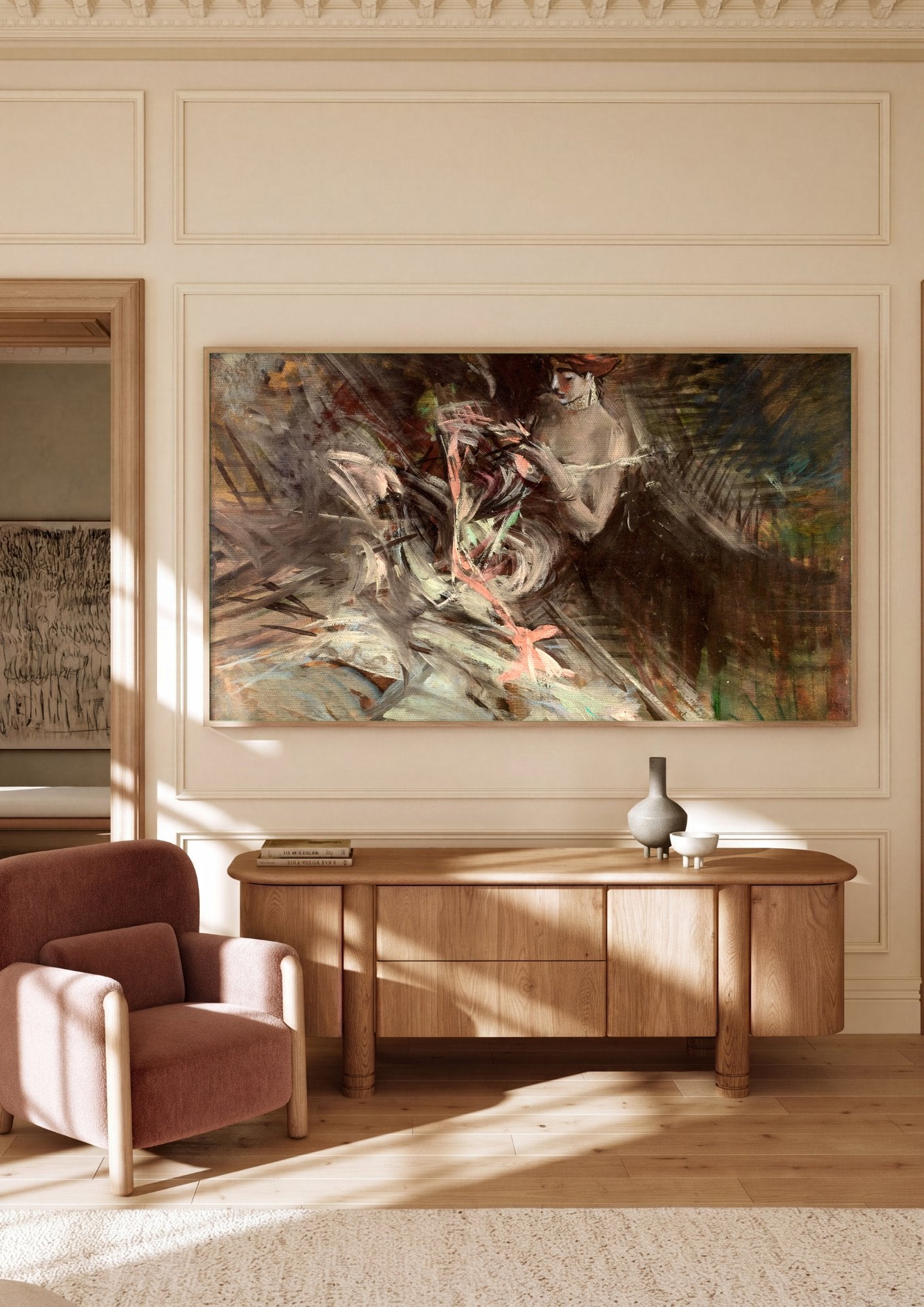 Quadro Decorativo Senhora com Chapéu Vermelho - Giovanni Boldini em ambiente decorado