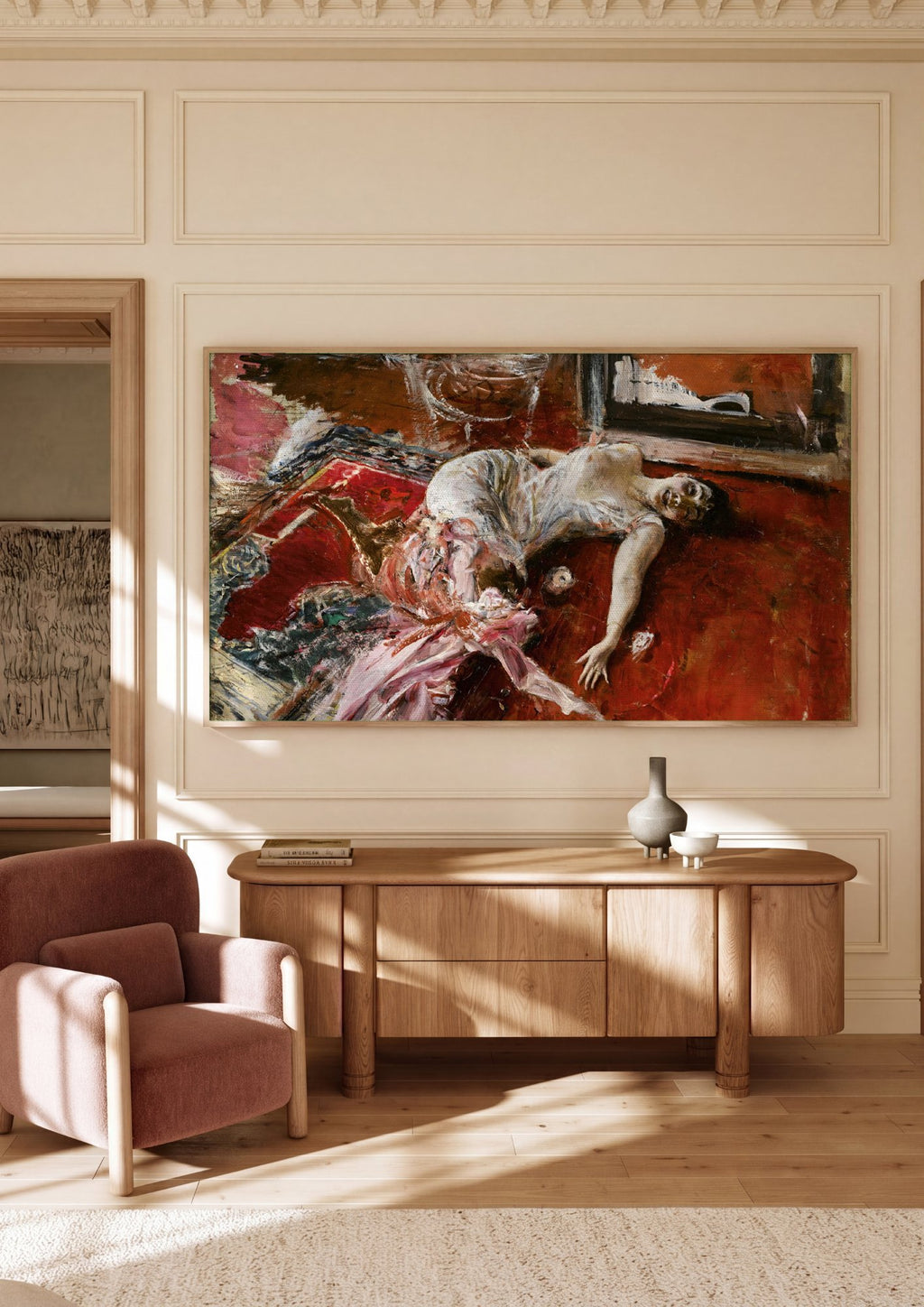 Quadro Decorativo A Mulher no Tapete Vermelho - Boldini em ambiente decorado
