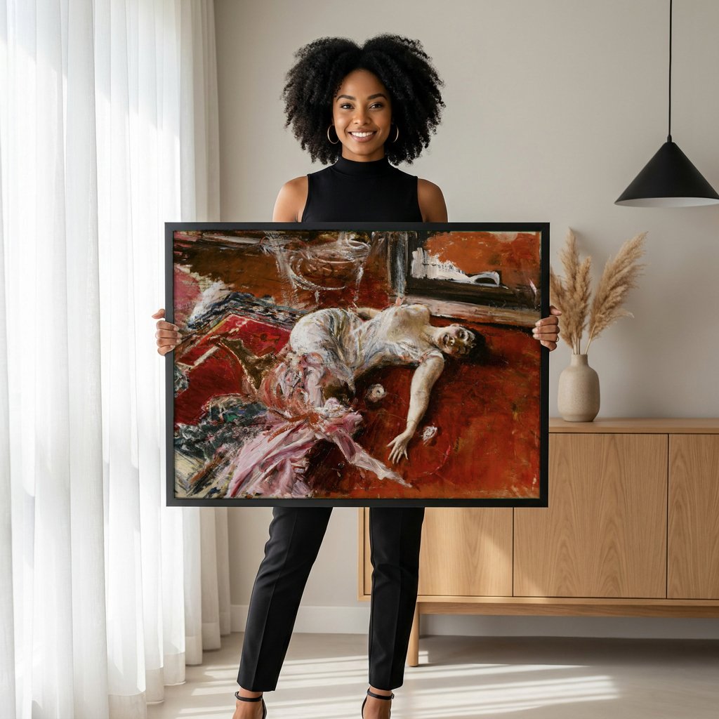 Quadro Decorativo A Mulher no Tapete Vermelho - Boldini com modelo em ambiente