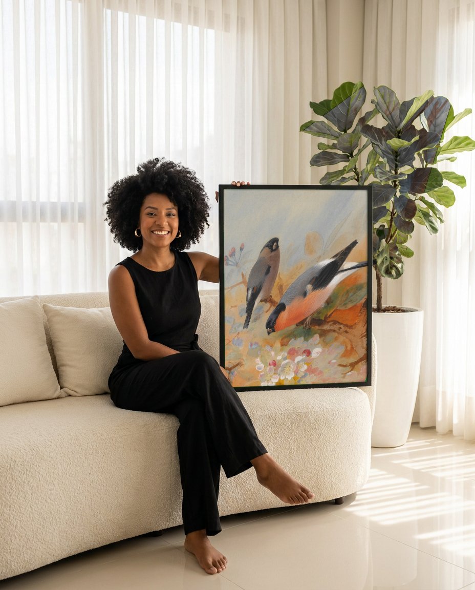 Quadro Decorativo Tentilhões na Primavera - Archibald Thorburn com modelo em ambiente