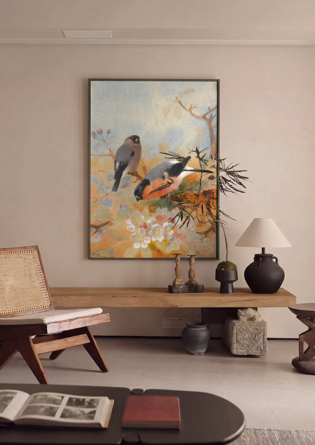 Quadro Decorativo Tentilhões na Primavera - Archibald Thorburn em ambiente decorado