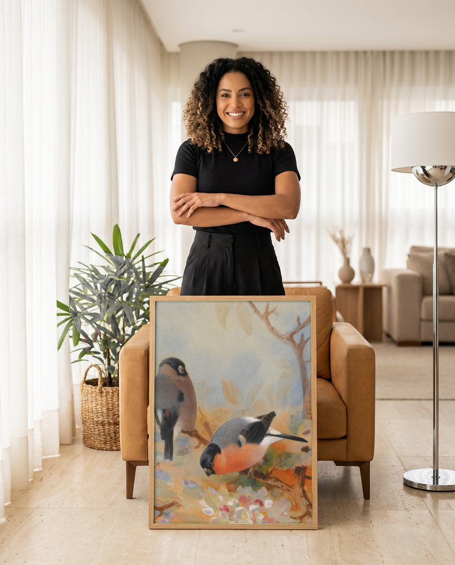 Quadro Decorativo Tentilhões na Primavera - Archibald Thorburn com modelo em ambiente